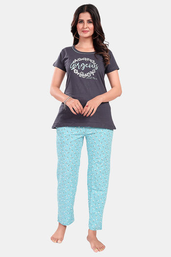 Buy Sweet Moon Knit Cotton Pyjama Set - Pastelblue Darkgrey